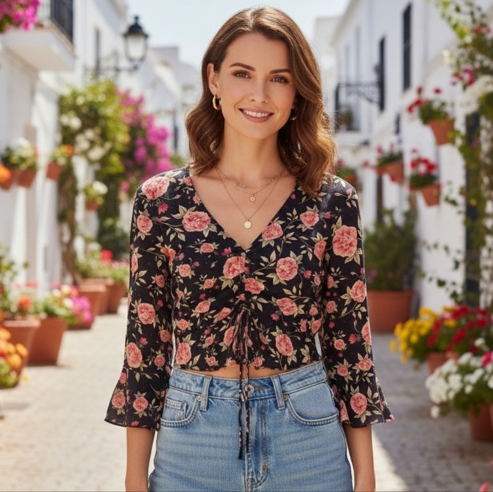 Zara Woman's Feminine Black Cropped Floral Ruched Peplum Blouse Size Small